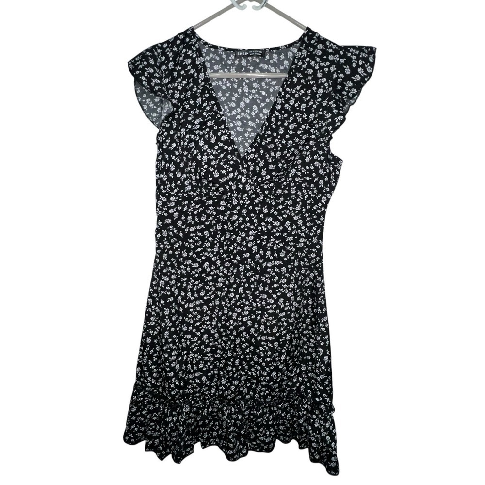 SHEIN Women's Privé Ruffle Trim Ditsy Floral Print Dress Black Size S - NEW